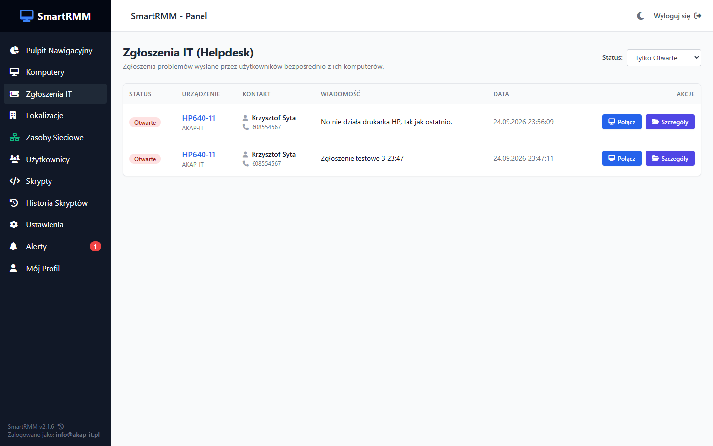 System Ticketów IT SmartRMM - Realny Zrzut Ekranu